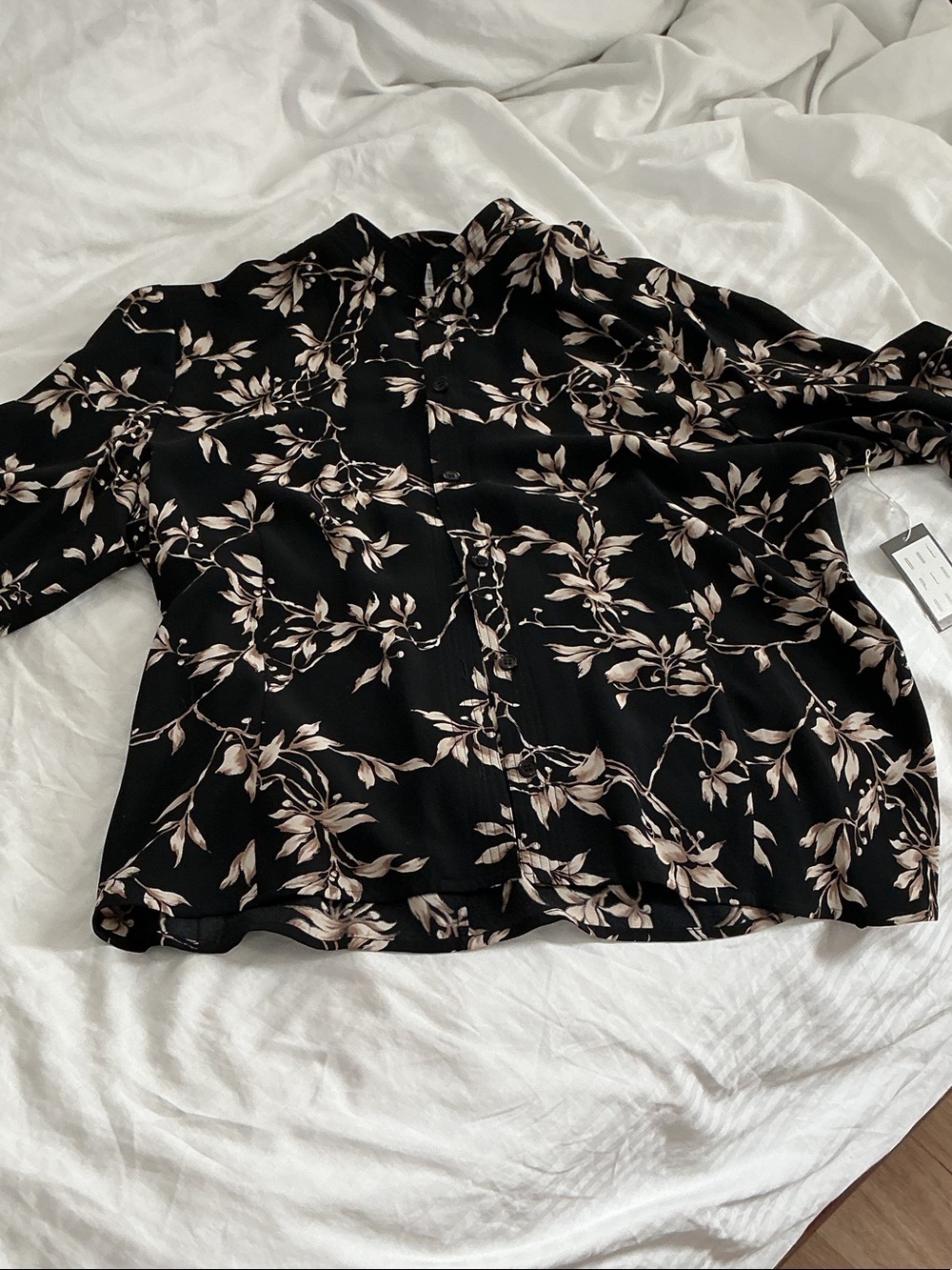 Black Floral Button-Up Blouse with Neutral Leaf Print